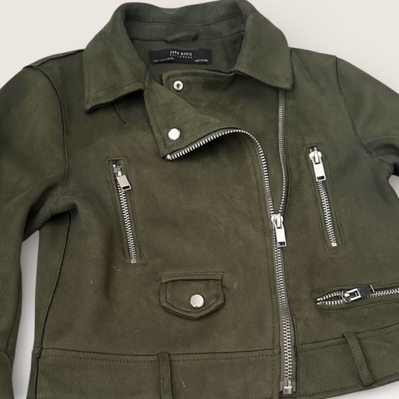 Zara Dark Green faux suede women’s Moto light coat Silver Zippers in S - Picture 3 of 8